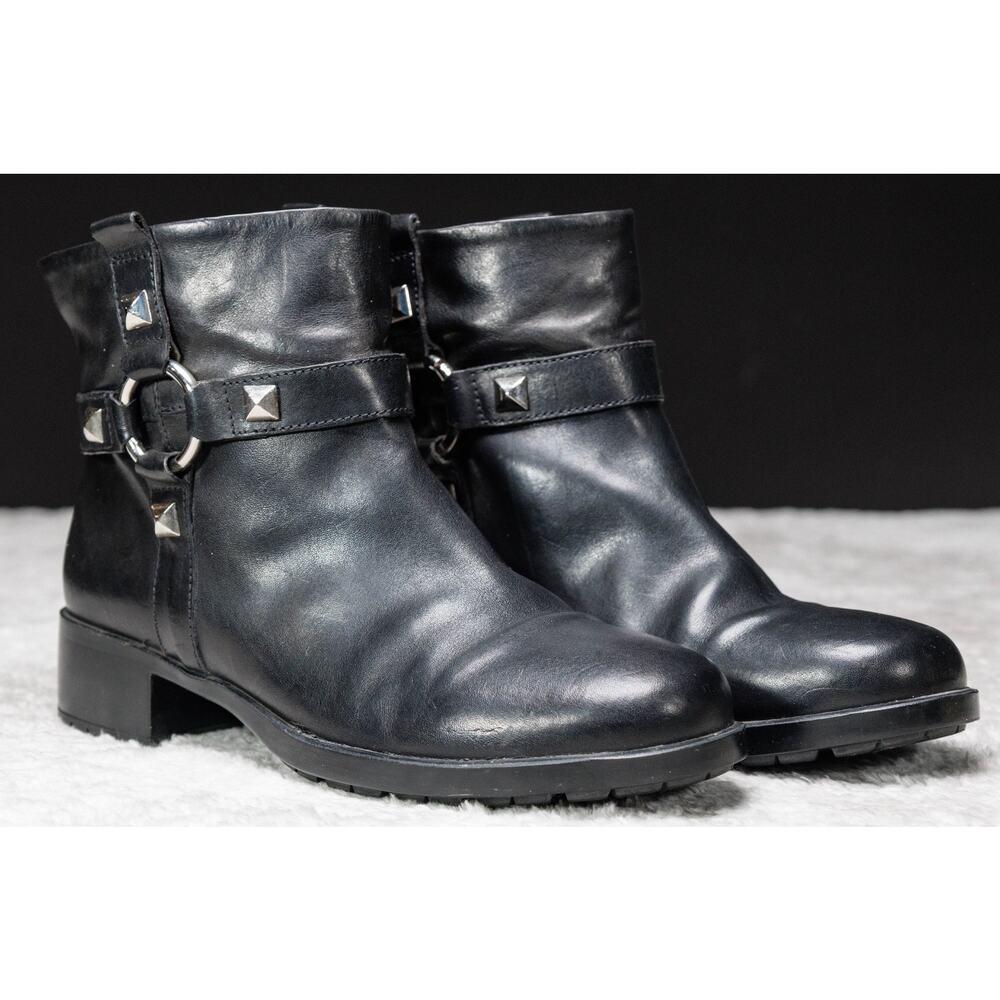 AGL Black Leather Studded Leather Ankle Harness Moto Boots Womens Size 38 US 8